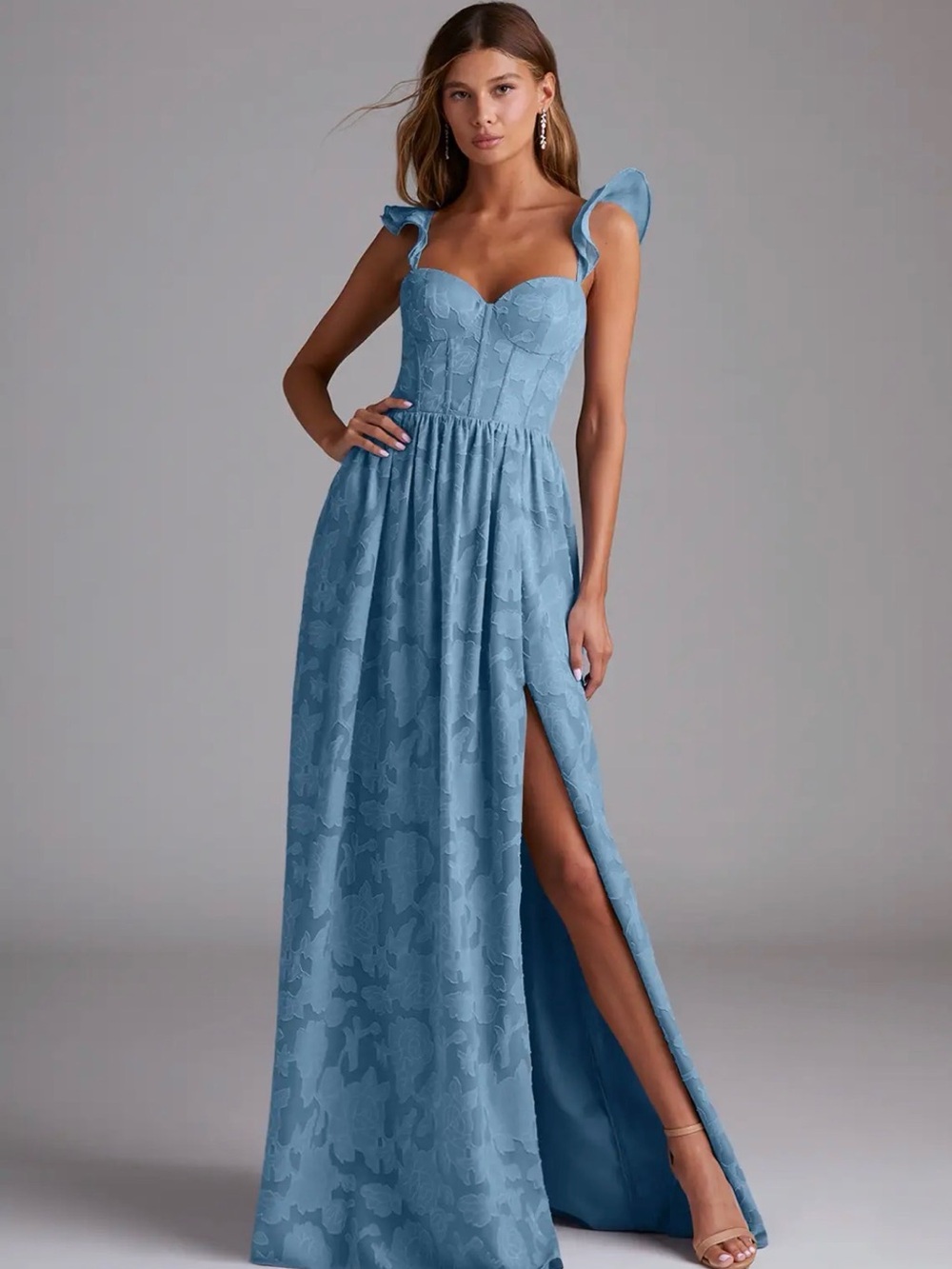 Azazie Light Blue Ruffled Strap Sweetheart Maxi Dress